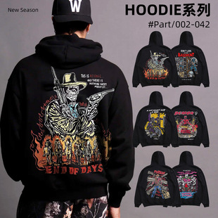Warren Skull Print Sweater American Hand-painted Street plus size 380g Heavy fleece-lined Black Hoodie