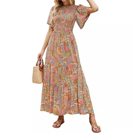 2024 European and American Cross-Border Summer Amazon Casual Floral Print Short-Sleeved Pleated High-Waisted Flowing Maxi Dress