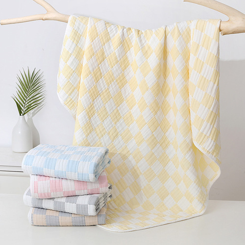 New 6-Layer Bamboo Fiber Children's Bath Towel Ultra Soft Simple Checkered Embroidered Baby Towel Kindergarten Baby Blanket