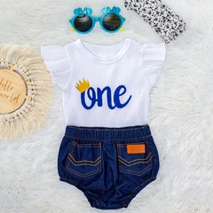 跨境 字母飛袖哈衣寶寶套裝 女童夏季新款頭花短袖PP褲三件套童裝