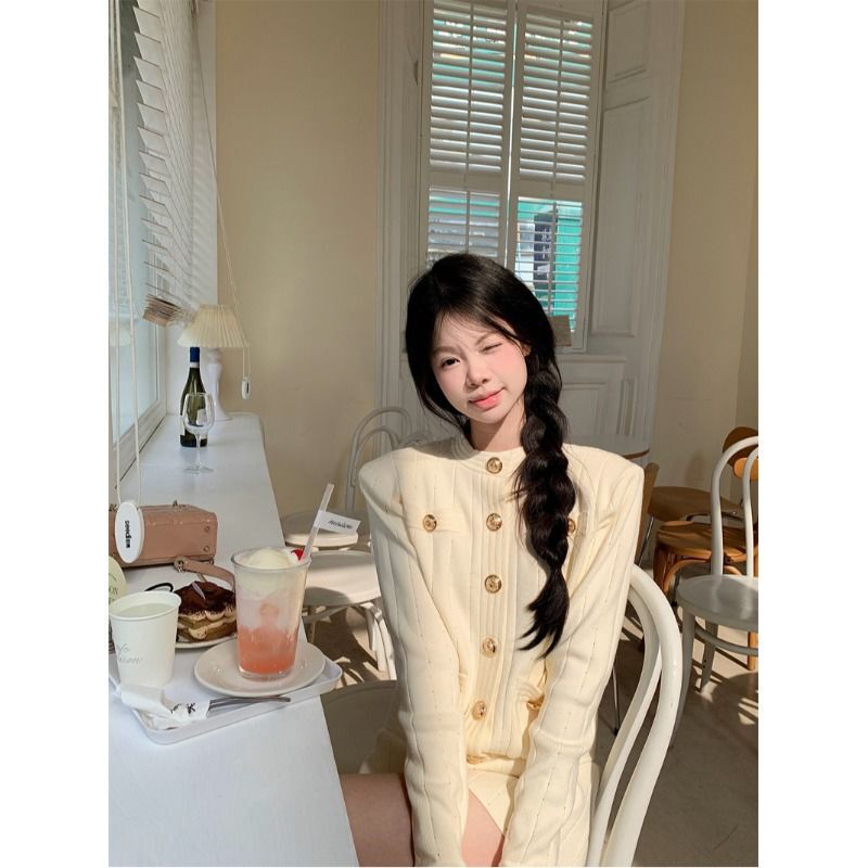 时尚新款温柔甜妹套装长袖圆领开衫女装秋季高腰显瘦半身裙两件套|undefined