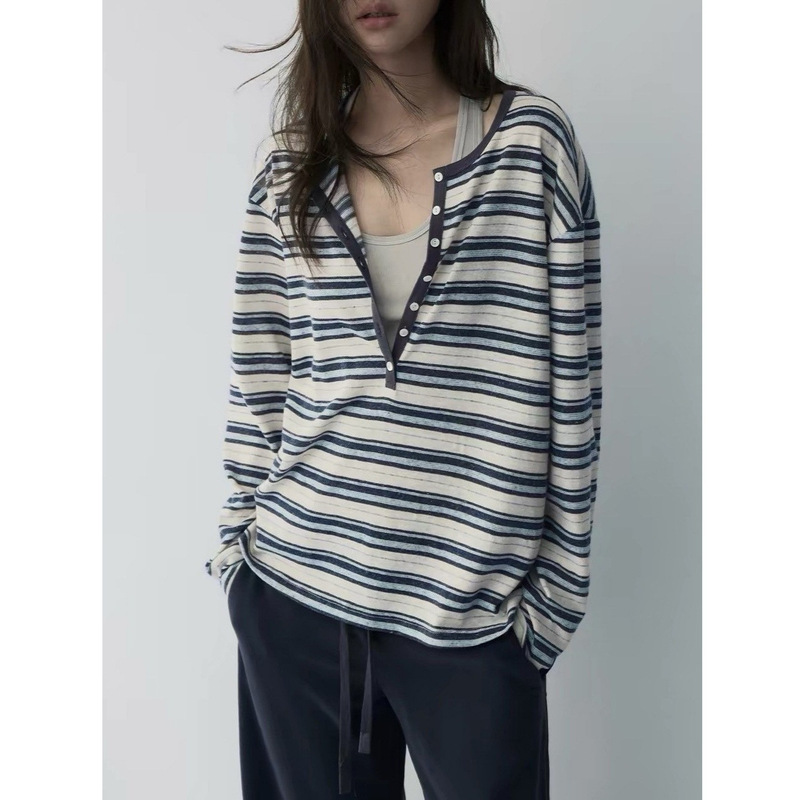 HaveRlce Restaurant Sea Salt Milk Crisp - Striped T-shirt, cotton blend textured henley collar layered long-sleeve top HaveRlce Restaurant Sea Salt Milk Crisp - Striped T-shirt, cotton blend textured henley collar layered long-sleeve top