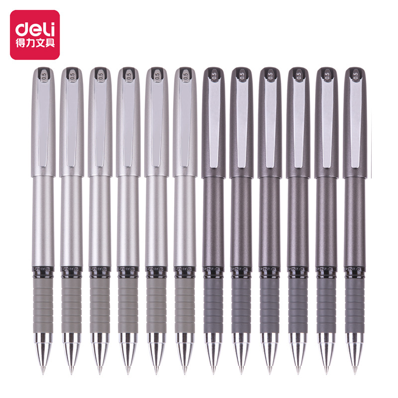 Deliky S25 pluma neutra negra, pluma de firma de 0.5mm, pegamento suave de textura metálica, apretón de mano 12 / caja de carbono