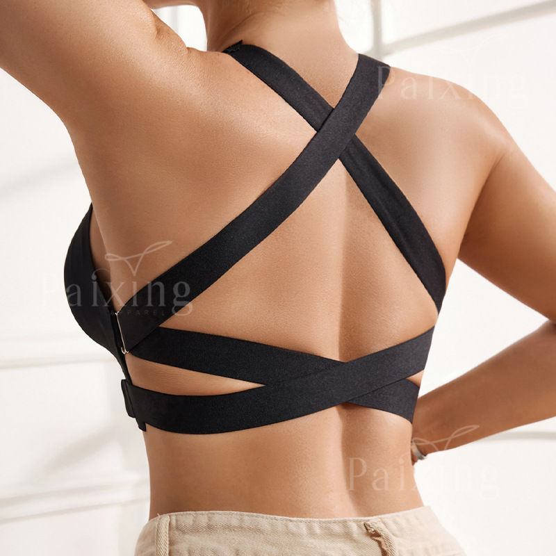 Side-Opening Buckle Side Gathering Women's Wire-Free Bra Personalized Cross-Strap Seamless Thin Breathable Sports Bra