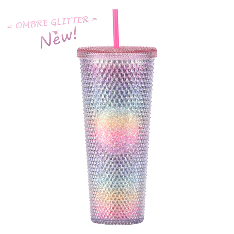 二層プラスチックストローカップ大容量クリエイティブ 710 ミリリットルドリアンカップハンドカップ発光変色レインボーグラデーションカップ|undefined