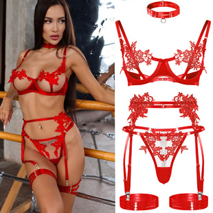Europe and the United States new embroidery water soluble flower girl clothing mesh perspective sexy foreign trade underwear bra suit in stock