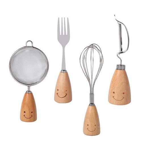 Cross-border Amazon cute smiling face wooden handle stainless steel tableware 8-piece set Western steak knife, fork and spoon set