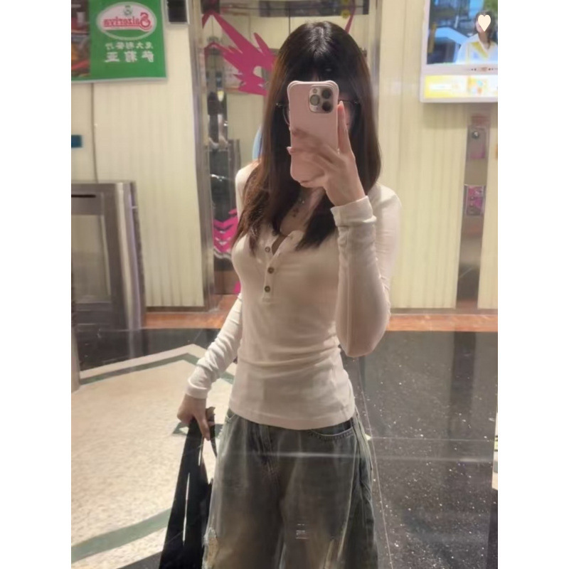 【人棉平纹】美式辣妹V领设计感小众长袖T恤女早秋薄款白色上衣|undefined