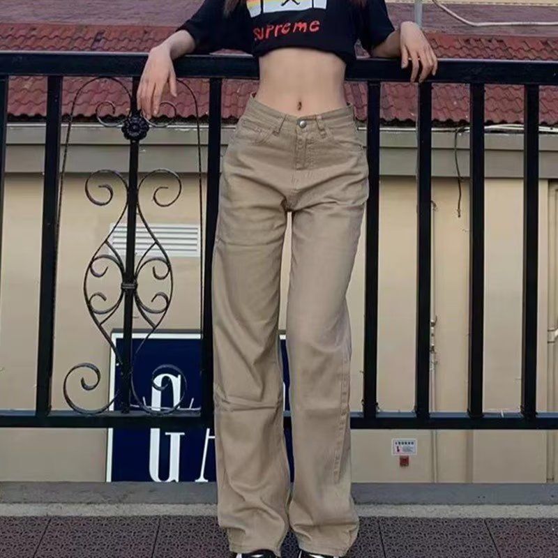 Retro plus size khaki straight jeans women's autumn loose slimming American mop pants high waist trousers