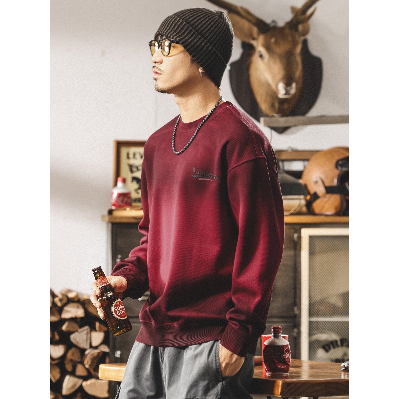 Ankela Rotes, schweres Sweatshirt mit Rundhalsausschnitt für Herren, neue Frühjahr- und Herbstkollektion, amerikanischer Retro-Trend, leicht gefärbt, lockere Passform, Plus-Size-Passform_voghion.com