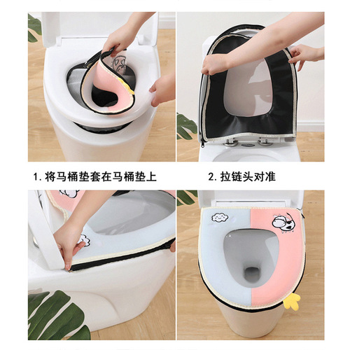 Toilet mat wholesale winter zipper plus velvet thickening household waterproof cartoon knitted washable bathroom toilet seat cushion