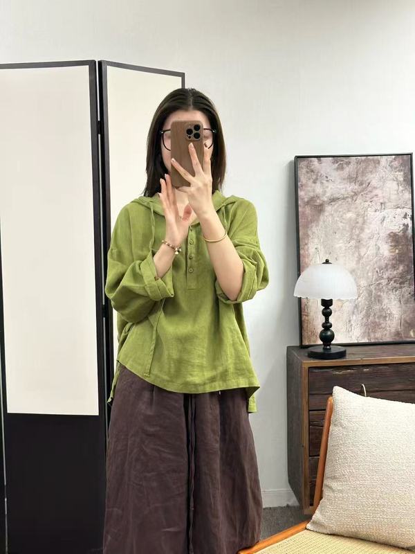 2025秋季韩版宽松减龄砂洗亚麻半开扣连帽套头衬衫百搭休闲帽衫女|undefined