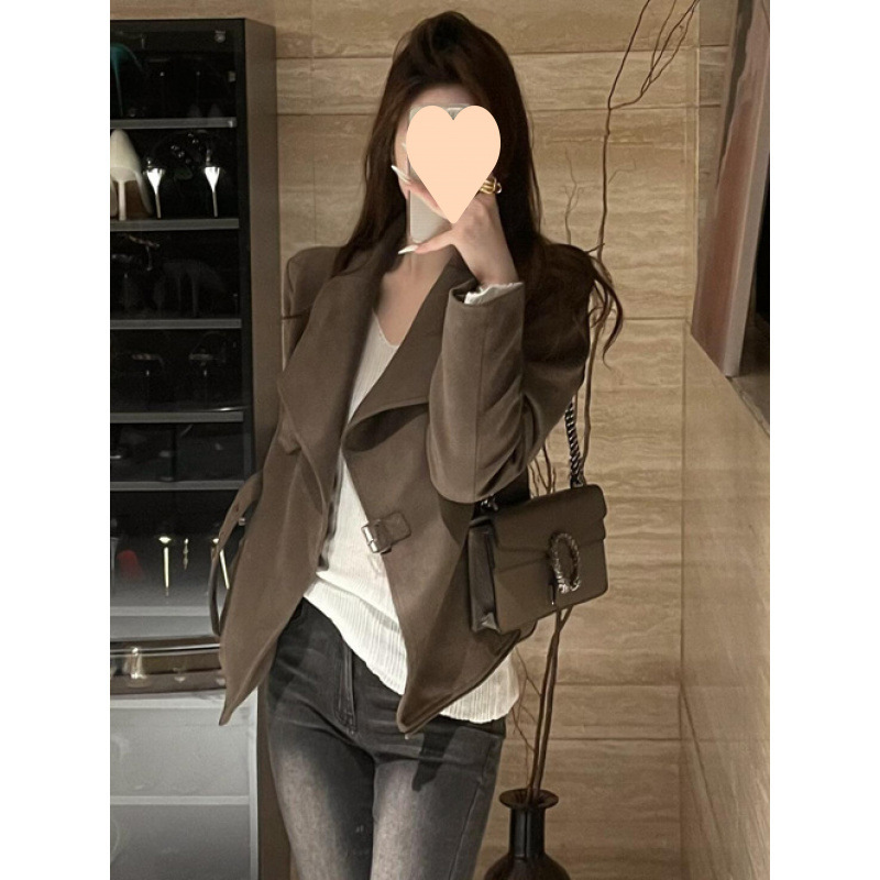 American retro large-size suede motorcycle jacket top for women's autumn new big lapel atmosphere waist-hugging short jacket