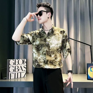 时尚男士百搭气质款夏季翻领短袖水墨风薄款透气短袖休闲青年衬衫