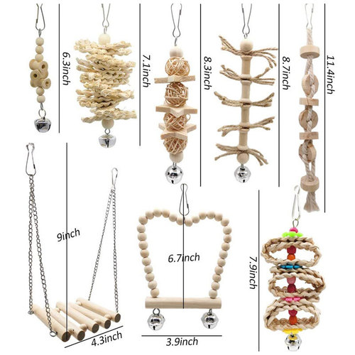 Parrot Toy Set with Perch Swing Bird Toys 8-Piece Natural Wood Color Bird Accessories for Biting Birds