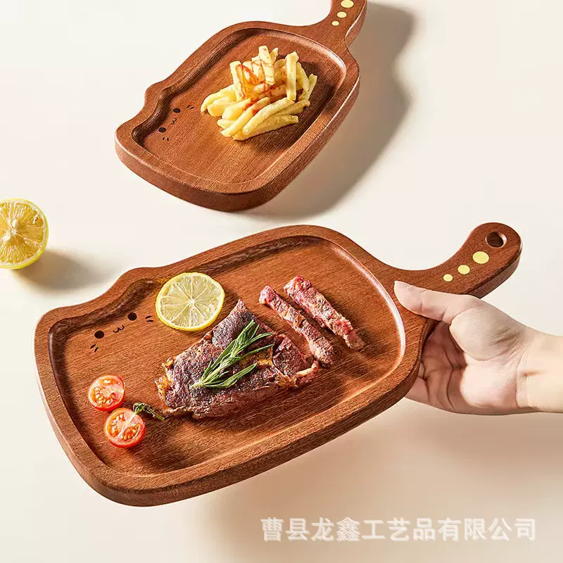 卡通带手把家用木质托盘派对聚会桌面展示盘小猫造型实木零食盘