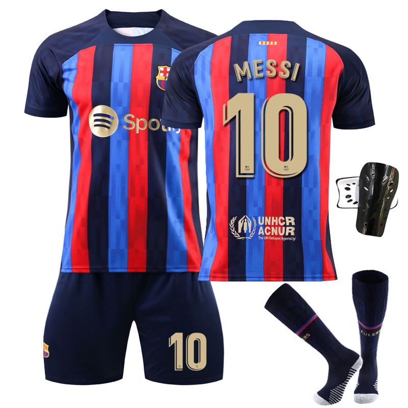 2223 Barcelona Home Jersey Number 10 Messi Number 9 Lewandowski Number 8 Pedri Number 30 Gavi Number 17 Aubameyang Striped Design