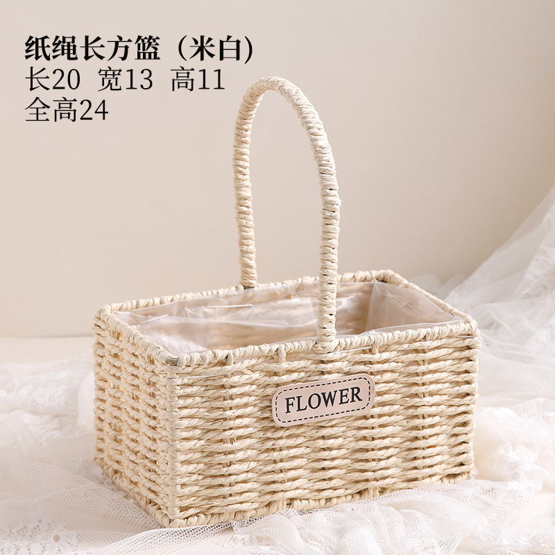 Cesta de flores con asa de encaje, cesta de bambú tejida para floristas, embalaje DIY, pequeña cesta de bambú para ramos y flores secas.