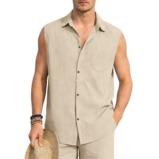 Camisa informal de manga corta para hombre, estilo europeo y americano, chaleco de lino sin mangas, ropa de vacaciones._voghion.com