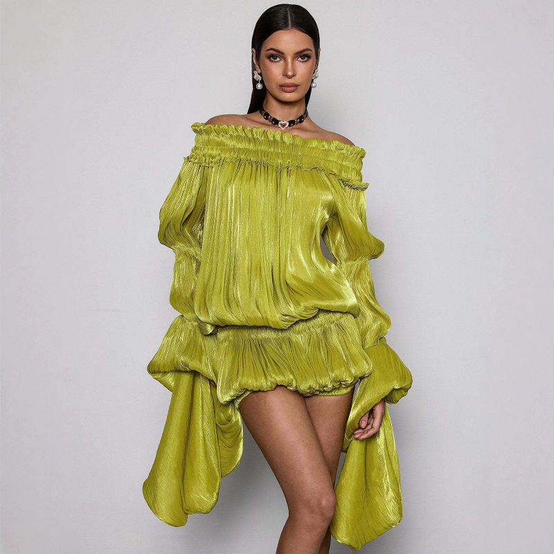 Cross-Border European and American 2026 Spring New Women's High-End Waist-Cinching Off-Shoulder Ultra-Long Sleeve Ultra-Short Pants Fashion Set