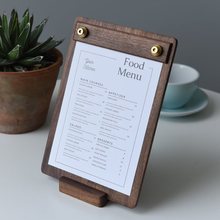 胡桃木复古菜单夹板展示架黄铜创意咖啡餐厅设计酒水点单立式桌牌