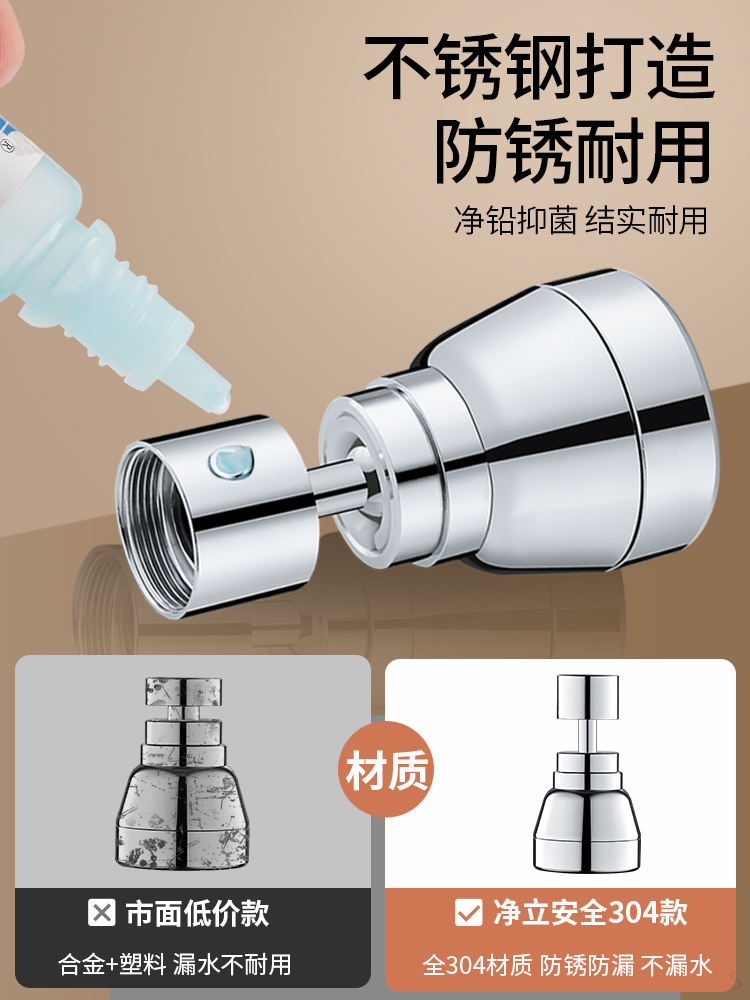 ✅厨房水龙头延伸器304不锈钢防溅水万向旋转花洒接头通