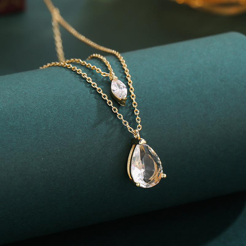 Sparkling Crystal Teardrop Necklace For Women Double Layer Chain_voghion.com