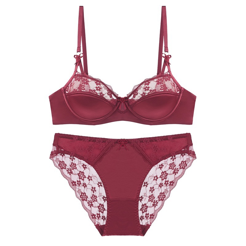 French-style sexy lingerie red lace bra set thin cotton smooth surface large cup shows small prevents sagging