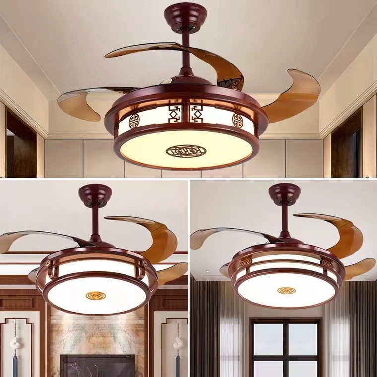 New Chinese style solid wood fan lamp ceiling fan invisible variable frequency remote control lamp fan integrated dining room living room with fan chandelier