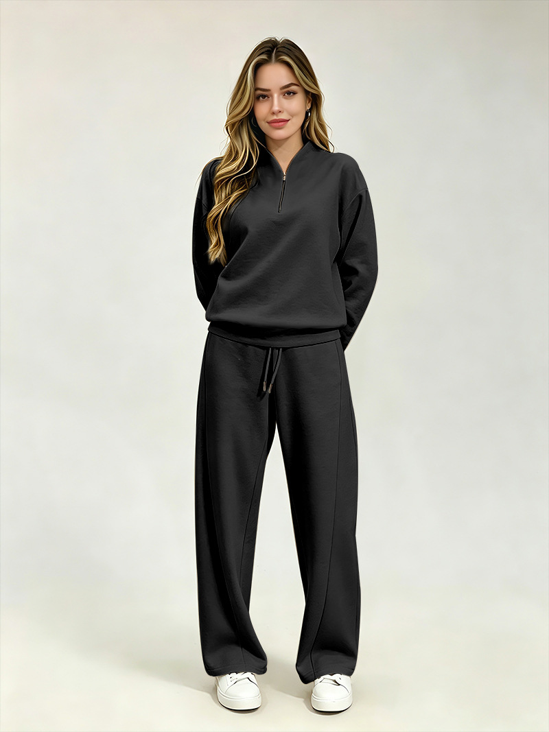 Women's Clothing Women's Fashionable Long Sleeved Sweatshirt Casual Trousers Set Style Autumn Half Open Collar Solid Color Loose Fit_ecoleips.com