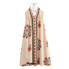 2025欧美风春女装露背度假风印花系带挂脖连衣裙  8400