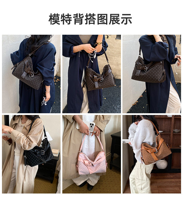 Túi tote nữ họa tiết chấm bi cỡ lớn, túi đeo vai và đeo chéo dung lượng lớn — màu cà phê, màu hồng, màu nâu, đen chi tiết 8