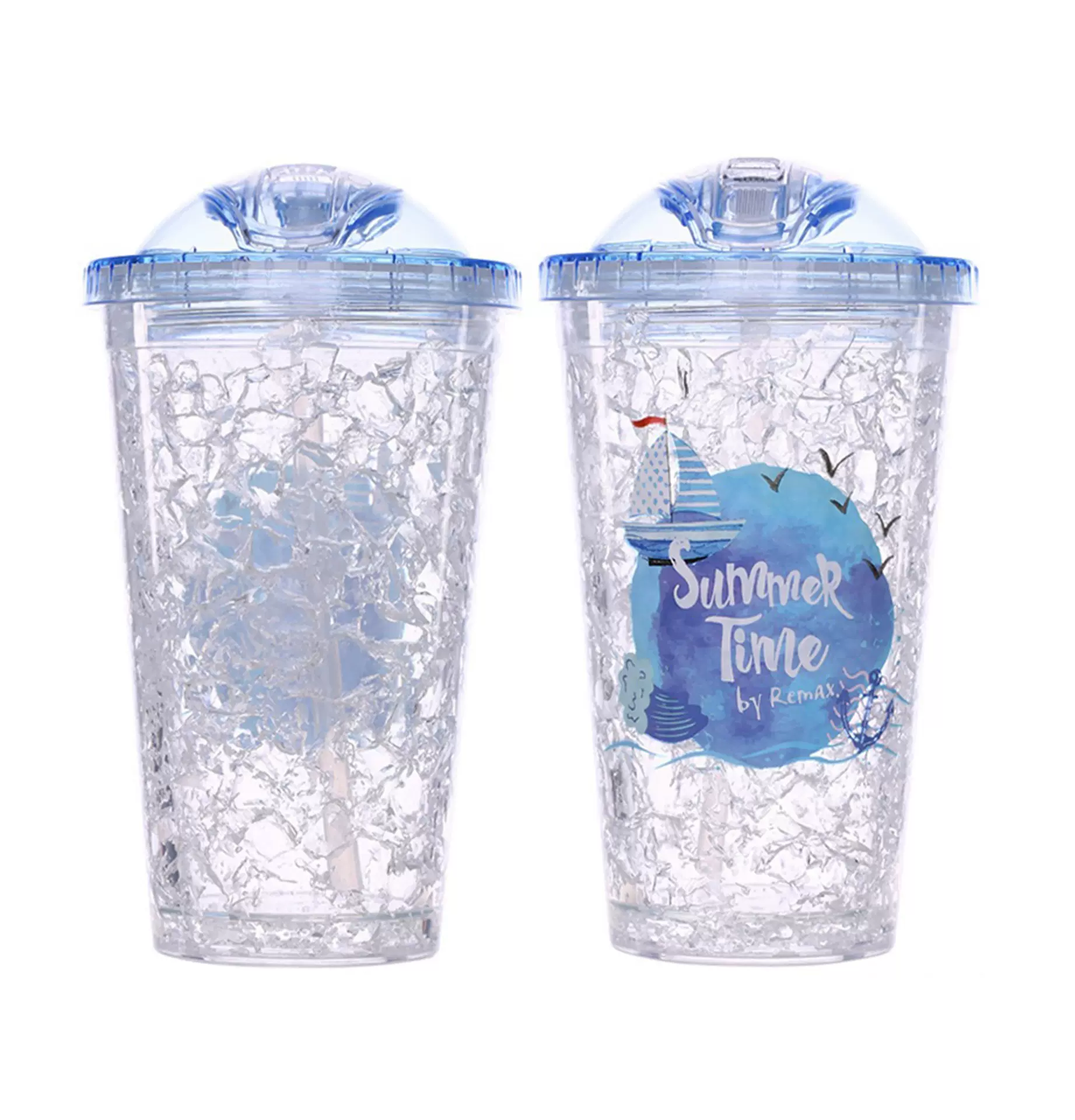 16oz卡通水果夏日冰杯塑料吸管滑盖冰杯 双层保冷凝胶冰杯制冷杯