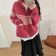 复古撞色条纹翻领拉链针织开衫软糯慵懒2025秋冬新款毛衣女式外套