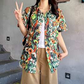 2025新款短袖花衬衫女日系复古港味风设计感小众夏威夷夏季衬衣