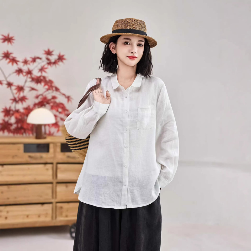 2026 Spring/Summer New Style Artistic Solid Color Linen Shirt for Women, Vintage Loose Fit, Slimming Versatile Cardigan Top