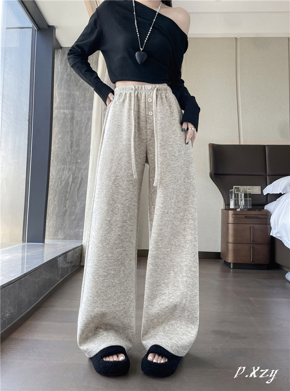 010 女士2025秋季新款卫裤高级感松紧腰垂感阔腿长裤女羊毛休闲裤|undefined