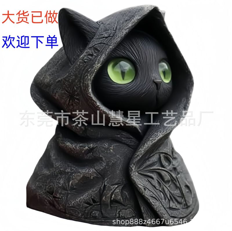 跨境新品Mysterious Hooded Cat Fiqurine身披斗篷哥特式黑猫雕像|undefined
