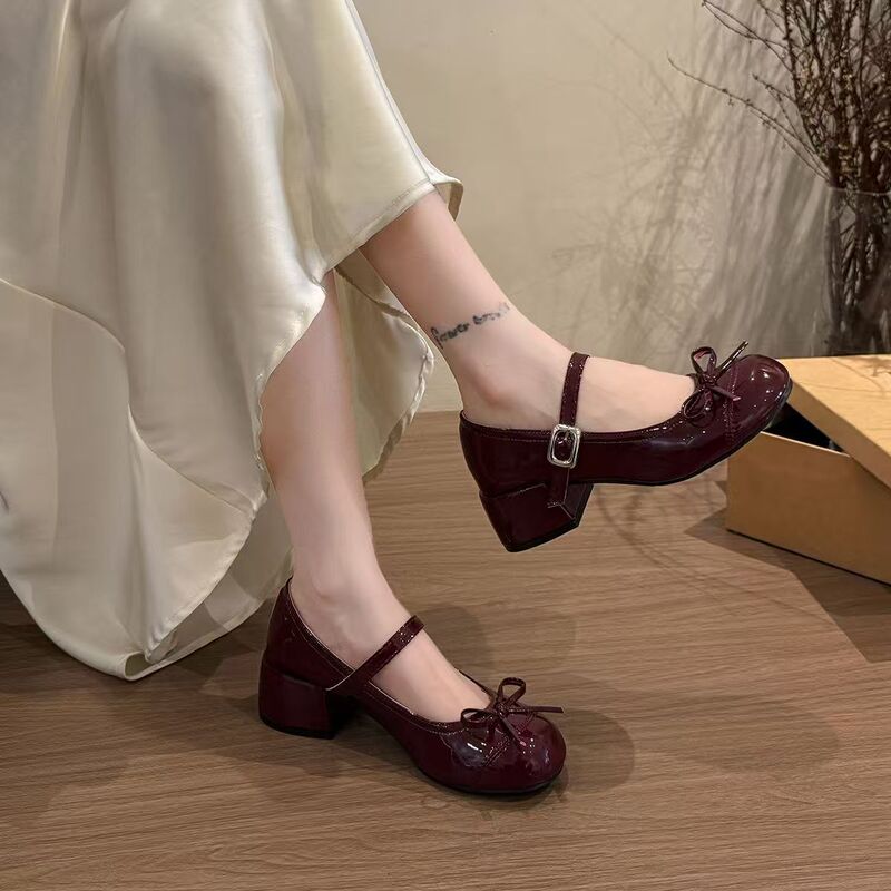 Foreign Trade French-Style Bowknot Shallow Silver-Colored Women's Shoes 2026 New Model High Heels with Chunky Heels to Match Dresses Mary Jane Shoes
