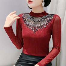 工厂批发重工镶钻网纱拼接上衣女烫金大码微胖打底小衫外贸欧美款