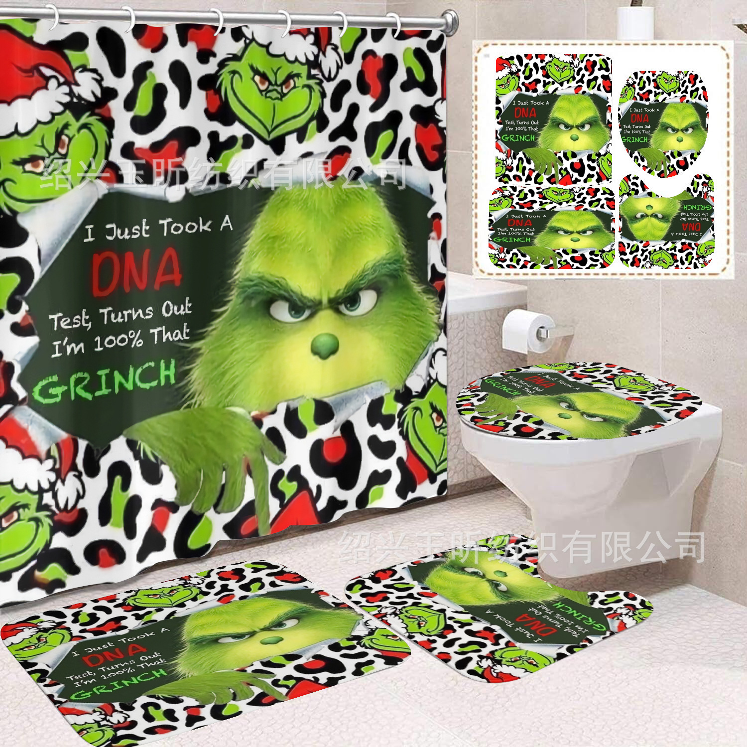 Tela de cortina de ducha transfronteriza, cortina de ducha impermeable, alfombra antideslizante de baño, juego de Grinch 4 de pelo verde al por mayor, sin perforación