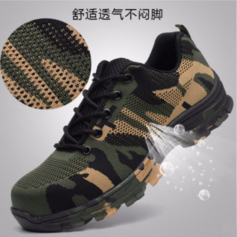 Wholesale anti-strike and anti-puncture safety shoes with fly-woven cowhide soles, breathable, lightweight, anti-slip, and durable safety shoes.