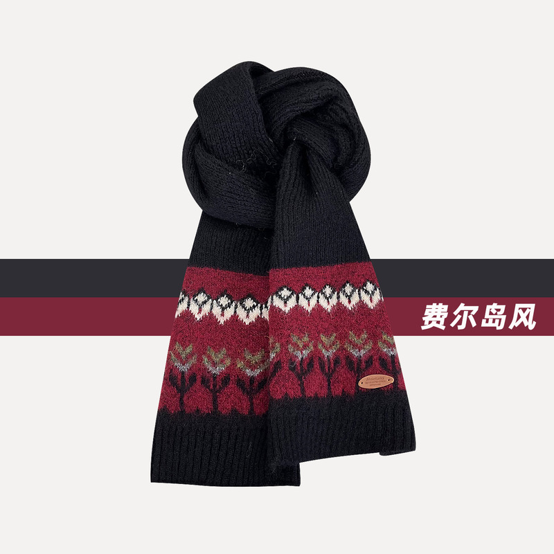 新款红色费尔岛提花小标毛线围巾女秋冬保暖百搭韩系复古针织围脖|undefined