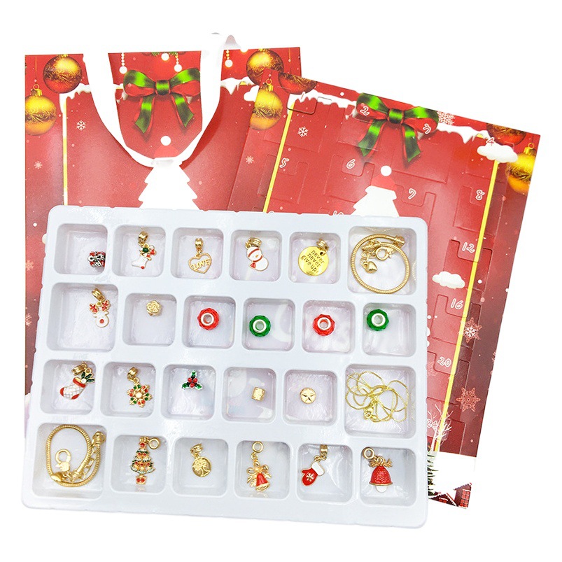 Rojo oro/plata Navidad 24 cuenta regresiva calendario ciego caja DIY dibujos animados niños regalo pulsera traje