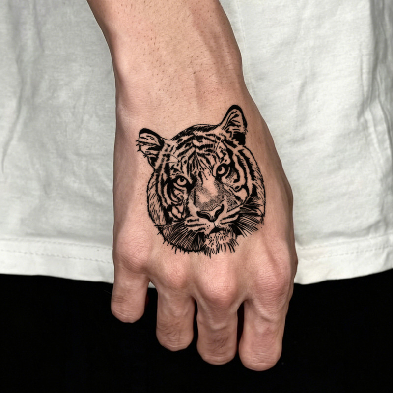 Black and white realistic tiger head tattoo sticker, dotted sketch tiger head waterproof long-lasting temporary tattoo sticker