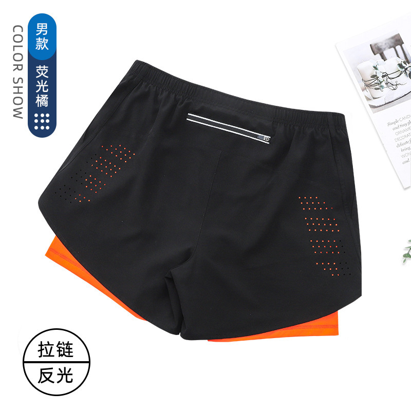夏のスポーツパンツ男性速乾通気二重防光偽二枚トレーニング三分ズボンフィットネスランニングパンツ|undefined