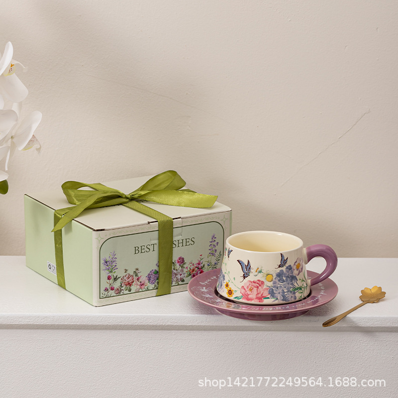 レトロ油絵コーヒーカップ皿セット陶磁器マグカップ小衆カップルカップ蝶コーヒーカップ皿ギフトボックス|undefined