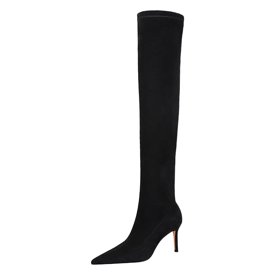 315-A6 estilo europeo y americano invierno moda simple stiletto tacón alto señaló largo adelgazamiento pedicura gamuza sobre la rodilla botas