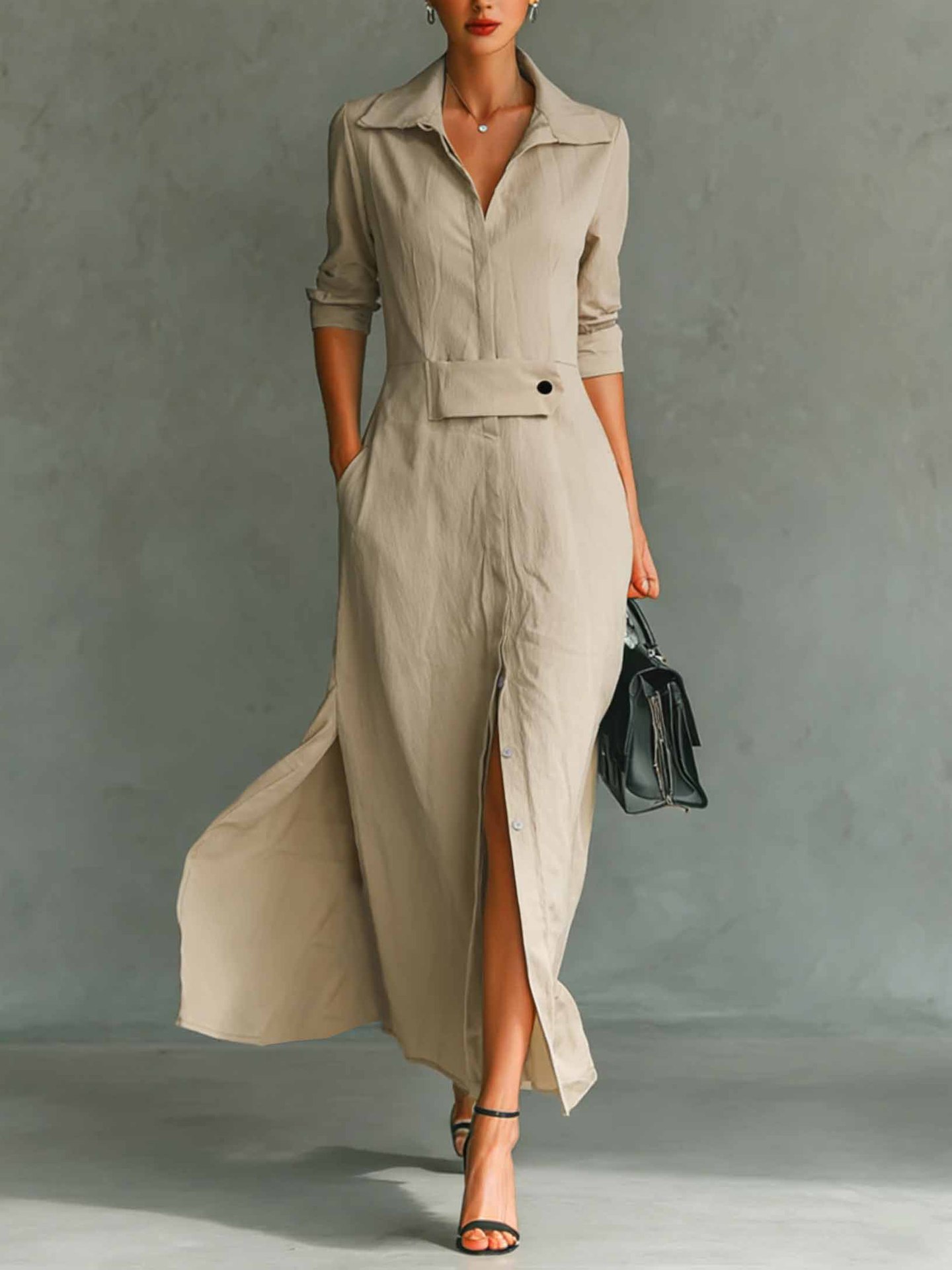 2026 European And American Cross-border Independent Station Long-sleeved Casual Elegant Slit Shirt Dress_ecoleips.com
