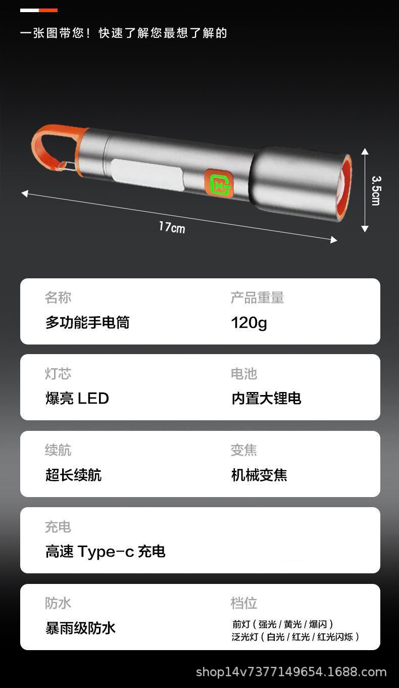 Cross-border multi-light source aluminum alloy flashlight, mini portable, adjustable zoom flashlight, high-intensity long-range flashlight